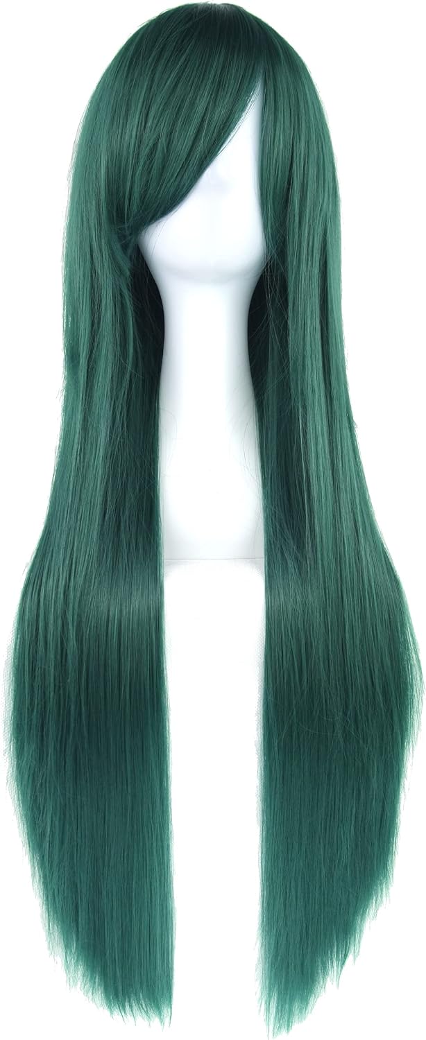 IMISSU 80cm Long Straight Natural Hair Cosplay Wigs with Bangs Colorful Halloween Costume Party Wig for Girl (Dark Green) - Image 4
