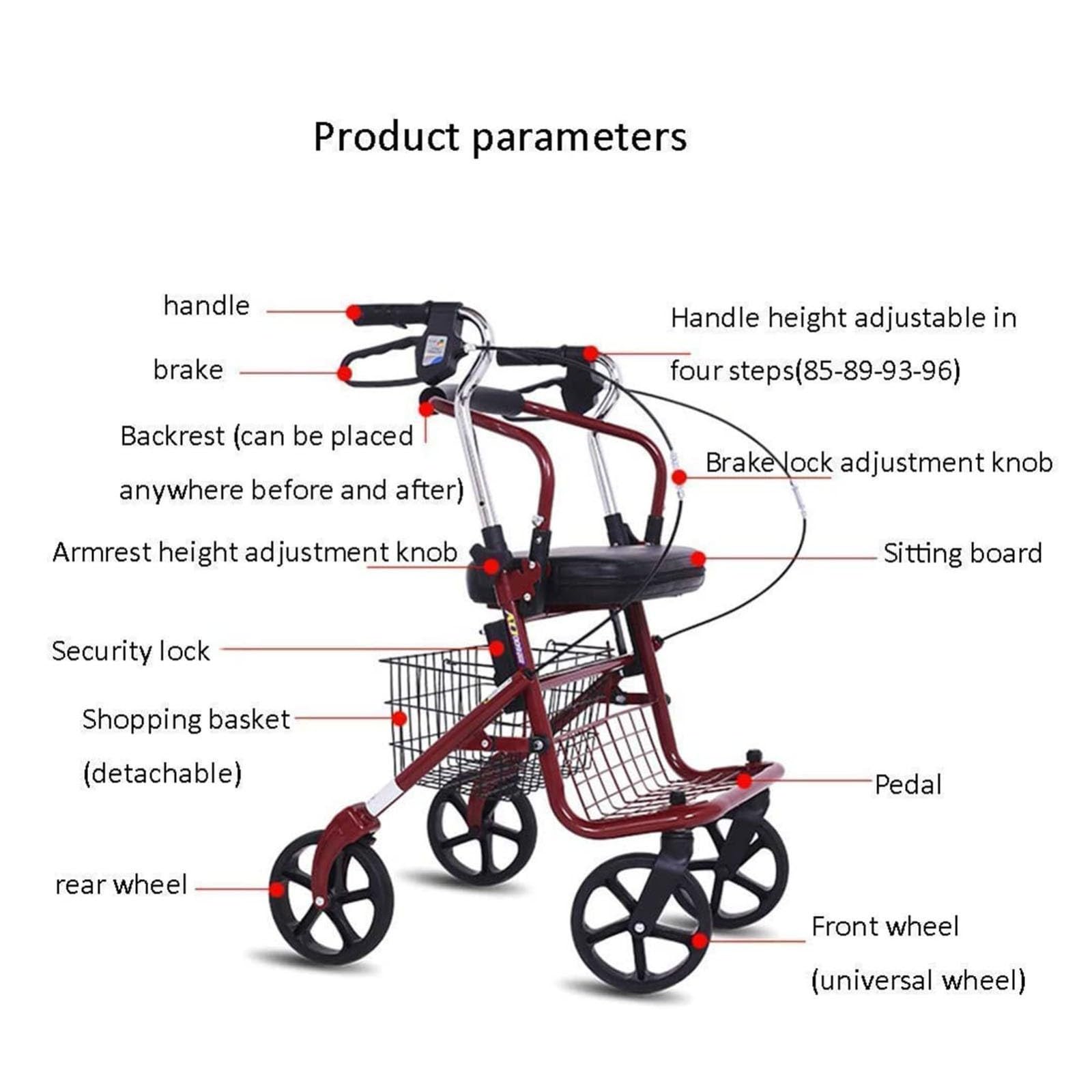Rollator Walker, Rollator De 4 Ruedas, con Asiento, Andador para Minusválidos, Mayores, Adultos O Ancianos, Ayuda para Caminar, Aluminio, Ligero, Plegable
