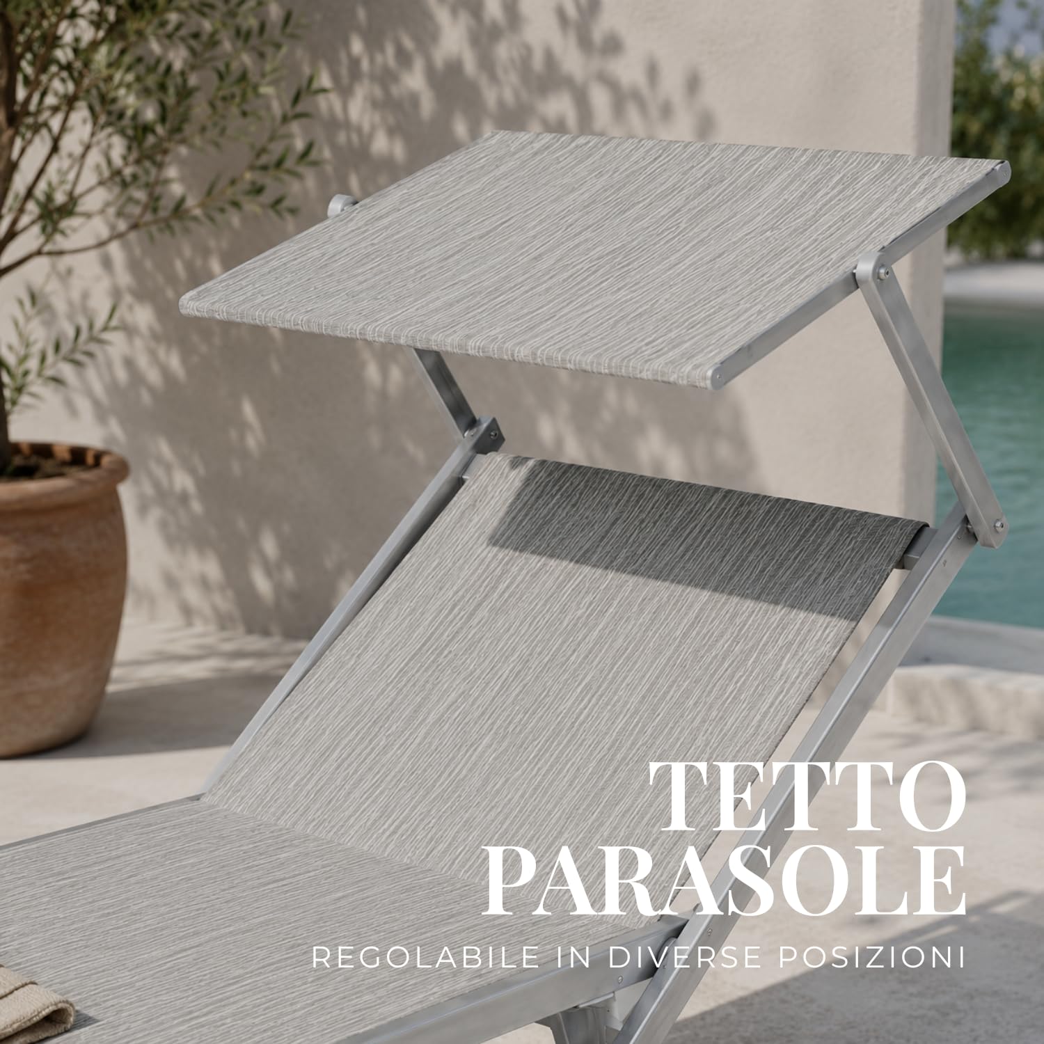 PALUPLUS Lettino Prendisole Professionale in Alluminio, Misura 186x61x40 cm, Tessuto Textilene, con Tetto Parasole e Schienale Regolabile, per Spiaggia, Lido, Piscina, Portata 150Kg -8441F (Grigio)