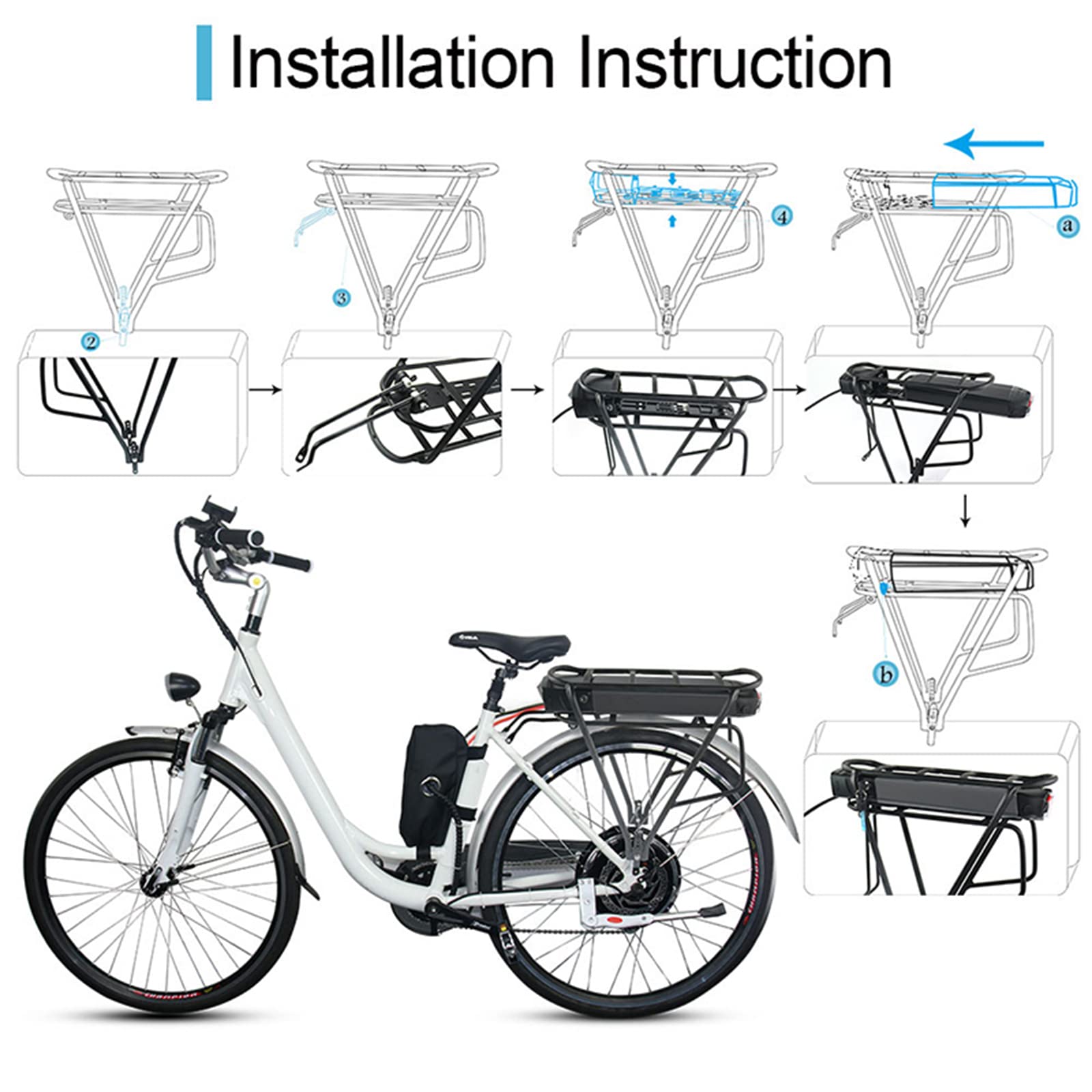 Gepäckträger Ebike Akku 52V 15Ah Heckträger EBike Lithium Ionen Akku Fahrrad Umbausatz für 250W 350W 500W 1000W 1500W Motor mit Ladegerät Safe Lock (ohne Heckträger)