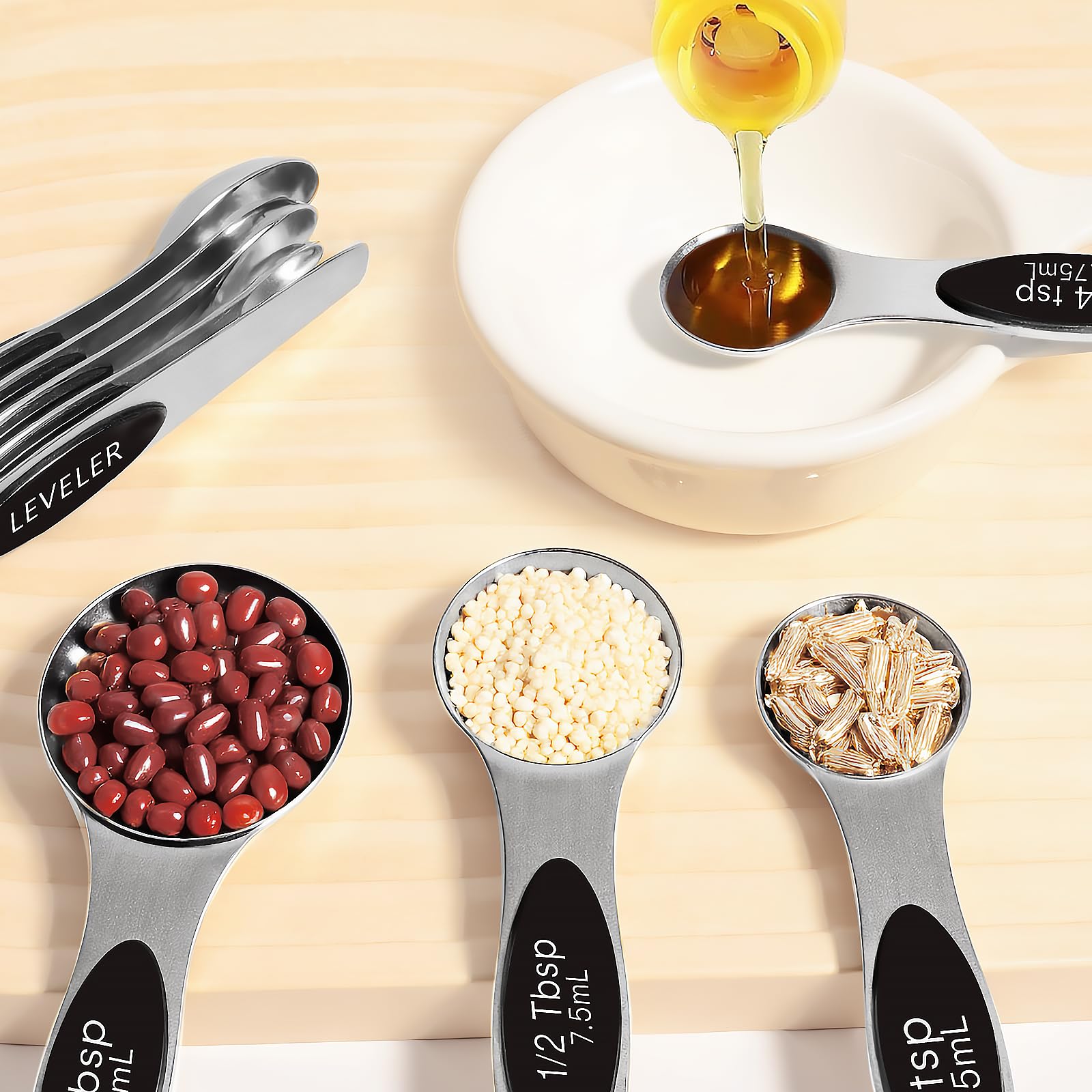 Juego de 13 tazas y cucharas medidoras de acero inoxidable, incluye 4 tazas medidoras de metal líquido, 8 cucharas medidoras magnéticas con 1 nivelador, accesorios de cocina para cocinar y