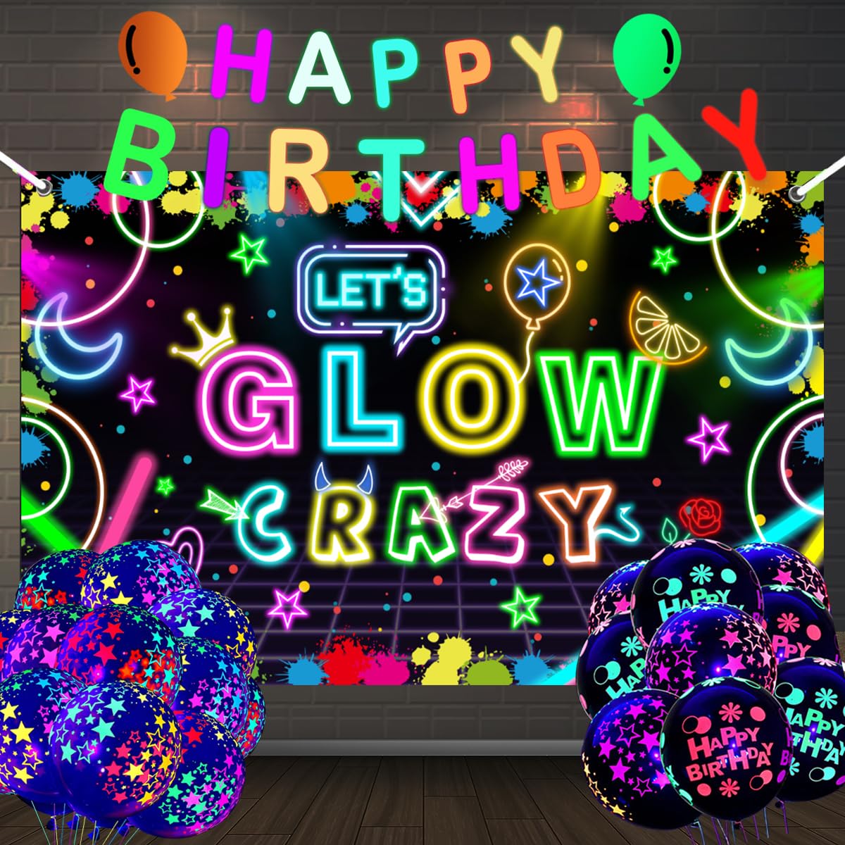 Neon Glow Party Decorations Supplies Include Neon Let's Glow Backdrop Glow in The Dark Party Supplies, 18Pcs Glow in the Dark Balloons and 1Pcs Glow