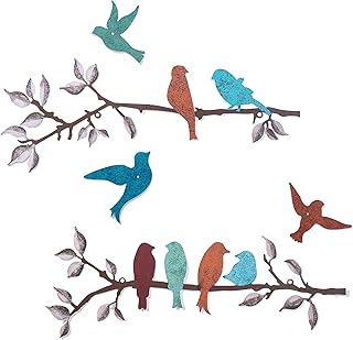 Walasis Metal Bird Wall Decor - Outdoor Birds on Tree Branch Decorative Wall Art Farmhouse Rustic Wall Sculpture Bird Ornament Hanging for Living Room Bathroom Kitchen Set of 5