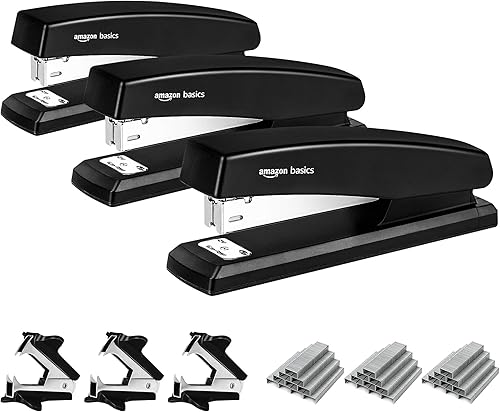 Tienda Basics - Engrapadora Value Pack, engrapadora de oficina con capacidad para 20 hojas, incluye grapas y removedor de grapas, paquete de 3
