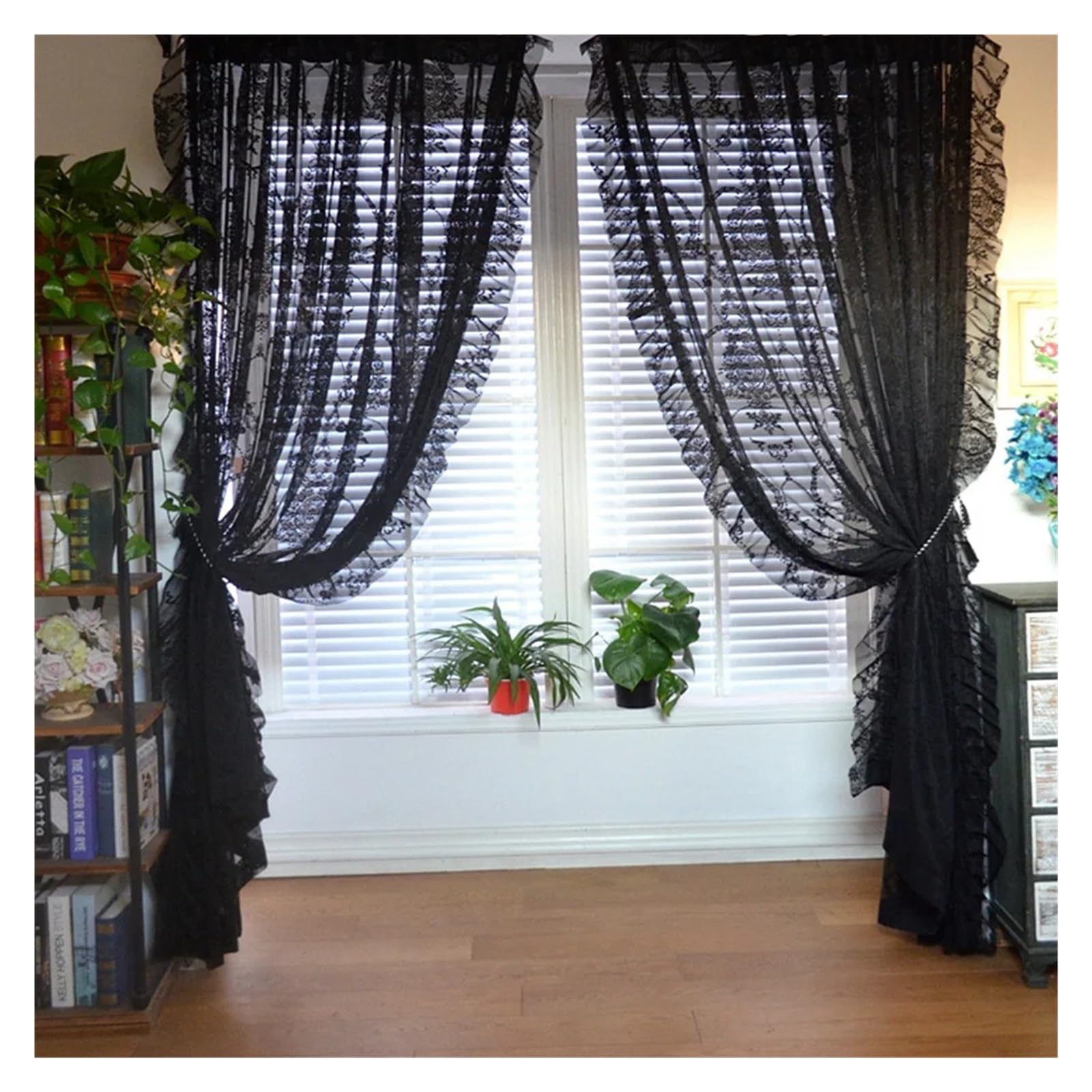 DFGRGRV Ruffle Curtains Black Floral Tulle Ruffle Lace Vintage Voile Sheer Curtains For Bedroom Romantic Flower Light Filtering Window Drapes(Pull Pleated Tape,1PC W200 x H260cm)