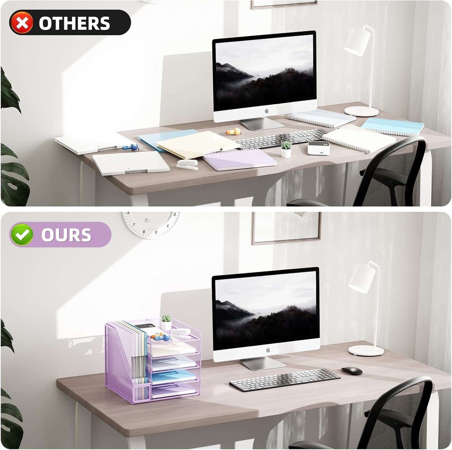 Marbrasse Desk Organizer and Office Accessories,5-Tier Paper Letter Tray Organizer with File Holder,Mesh Desktop Organiser for Office Supplies & Desk Tidy Organiser (Purple) - Image 4