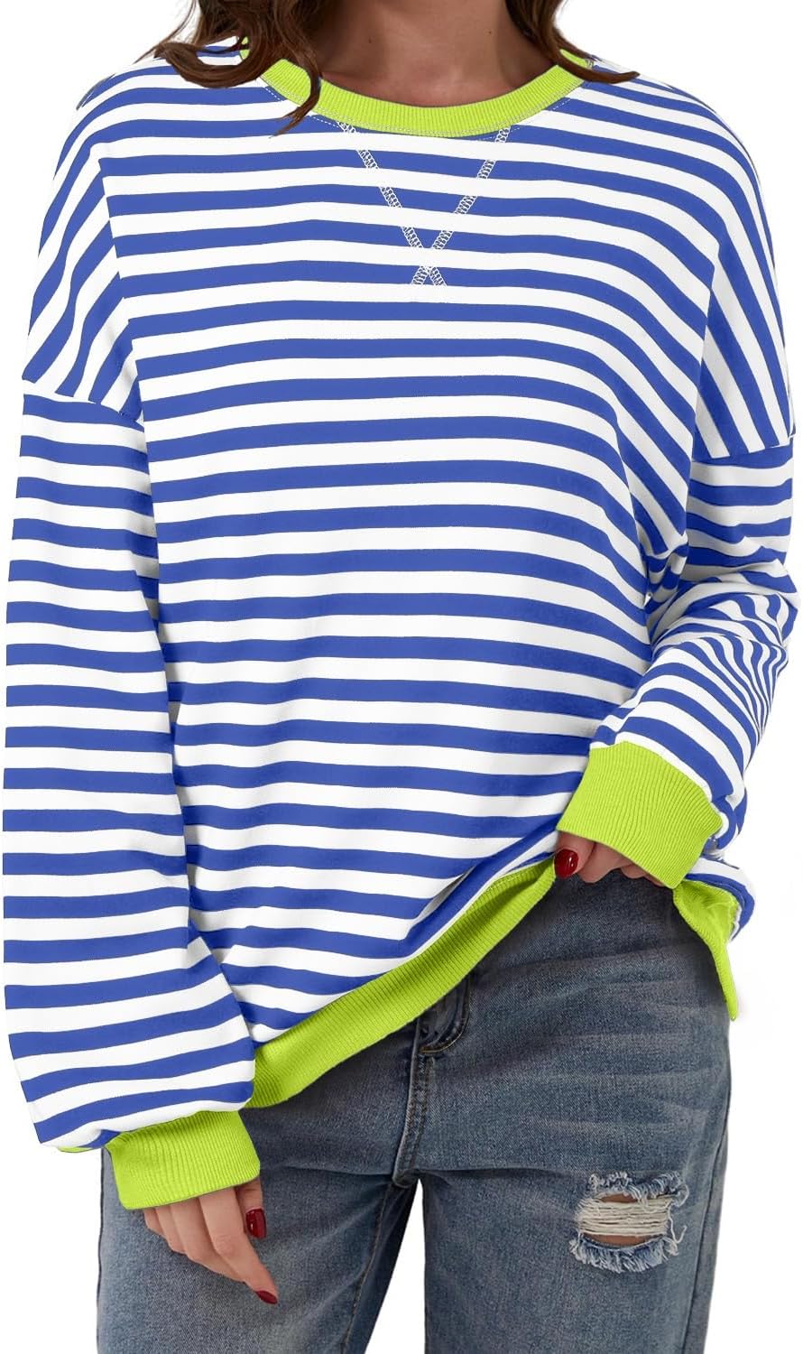 AlvaQ Womens Oversized Sweatshirt 2024 Casual Crewneck Long Sleeve Colorblock Striped Pullover Tunic Tops Outfits AlvaQ Womens Oversized Sweatshirt 2024 Casual Crewneck Long Sleeve Colorblock Striped Pullover Tunic Tops Outfits