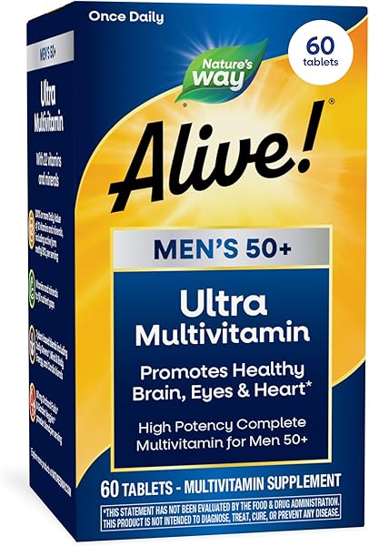 Nature's Way Alive! Ultra Potency Multivitamin for Men 50 Plus, Complete High Potency Formula with Vitamin D3, C, E, Methyl B12, Supports Cellular Energy, Heart, Brain, and Eye Health,* 60 Tablets