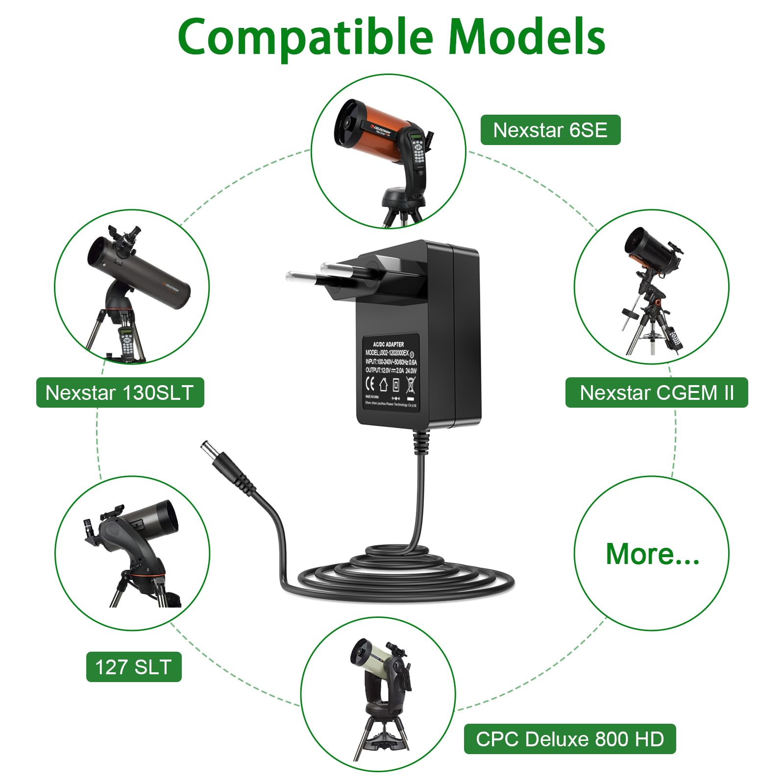 12 V 2 A AC adapter sieciowy do teleskopu Celestron 18778, kompatybilny z NexStar 4SE 5SE 6SE 8SE 130SLT 127SLT, LCM 114LCM 90LCM, CPC 800 1100 HD