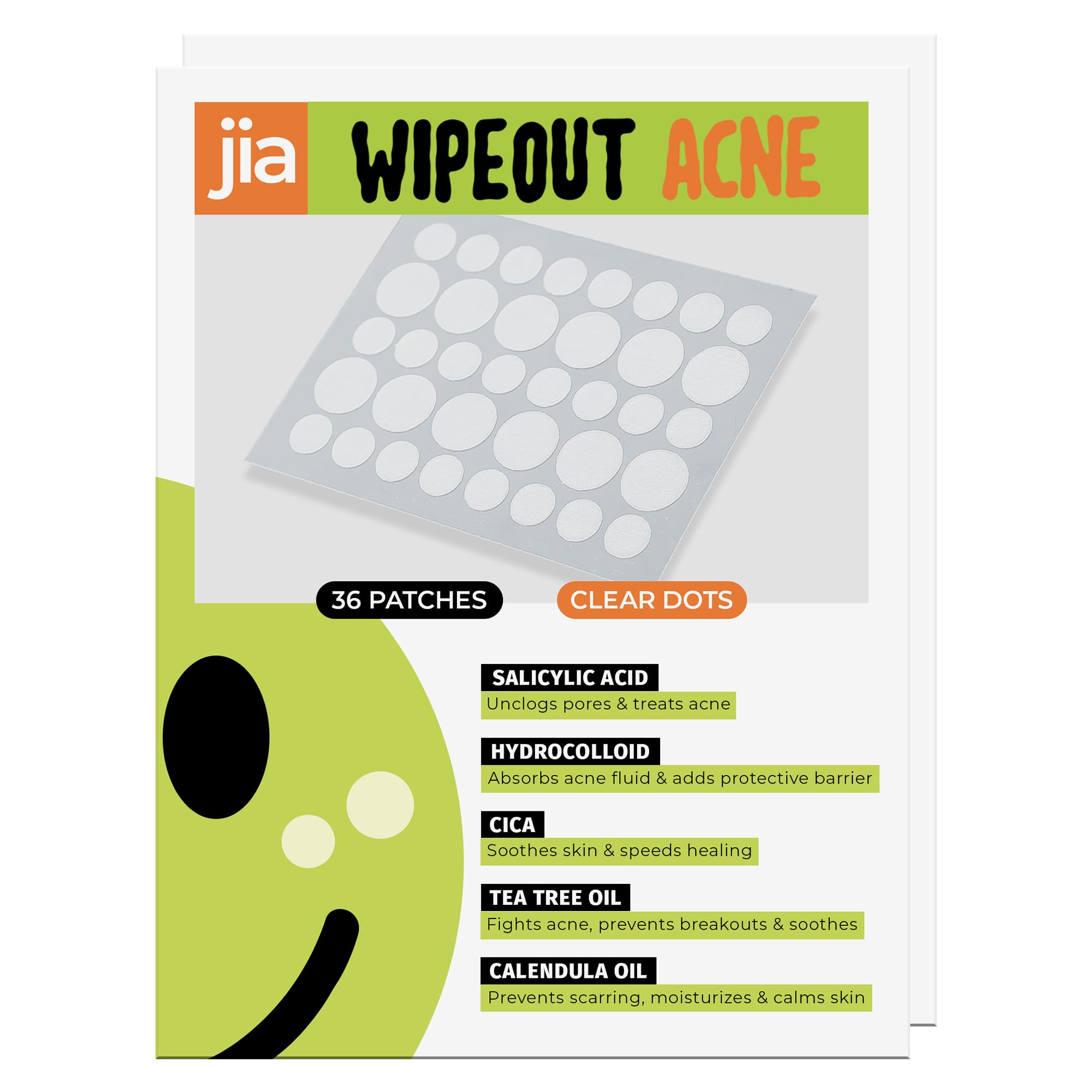 Jia Wipeout Acne Pimple Patches 72 Clear Dots Hydrocolloid Salicylic Acid Cica Tea Tree Oil Calendula Oil for