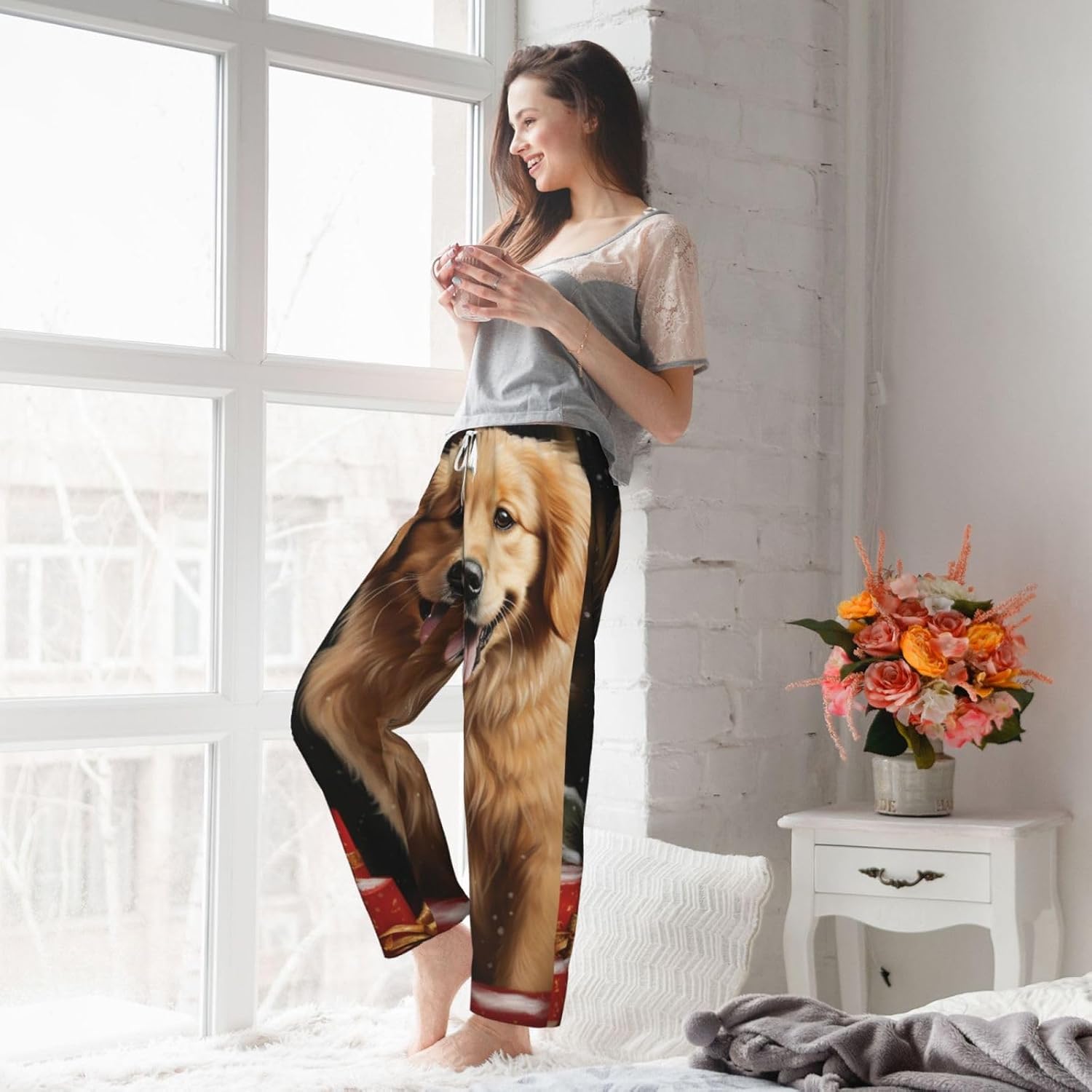 Mens Pajama Pants Soft Pajama Bottom Christmas Golden Retriever Sleep Pant Lounge Pants with Pockets PJ Bottoms