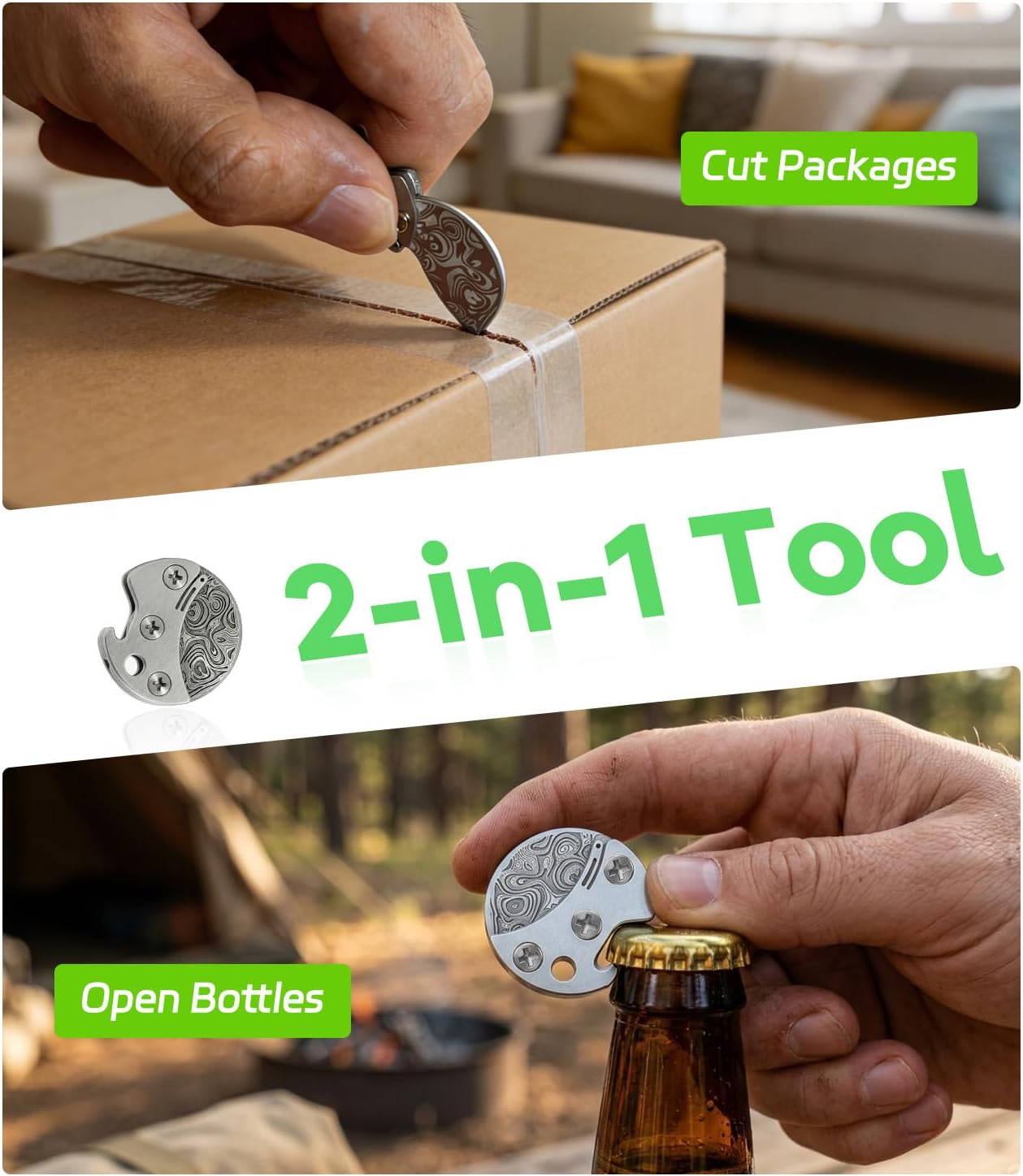 Mini Coin Keychain Tool: Titanium Compact Bottle Opener & EDC Cutter 2 PCS - Damascus Steel Pocket Tool Portable for Packages Camping BBQ - Unique Gift for Men