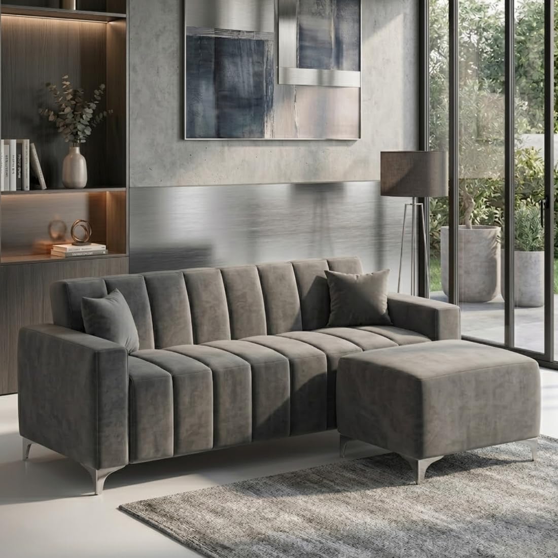 Alvaro Bergo 3 Seater Velvet Fabric Sectional Sofa Set with Ottoman, Living Room Furniture for Home & Office -Dark Grey-image-22