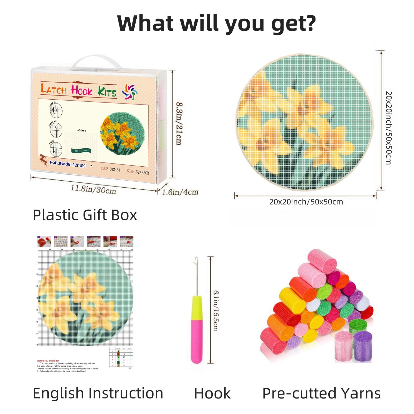 Latch Hook Rug Kit Yellow Daffodil Flowers Stamped Handmade Round Shape Carpet Crochet Yarn Craft DIY Hook and Latch Door Mat Tapestry Christmas Home Floor Decor 20x20in-2