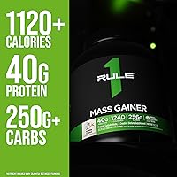 Vista 5 de Rule1 Mass Gainer - Fórmula de aumento de peso alta en calorías con más de 1,220 calorías, mezcla de carbohidratos complejos de 250g+, 40g