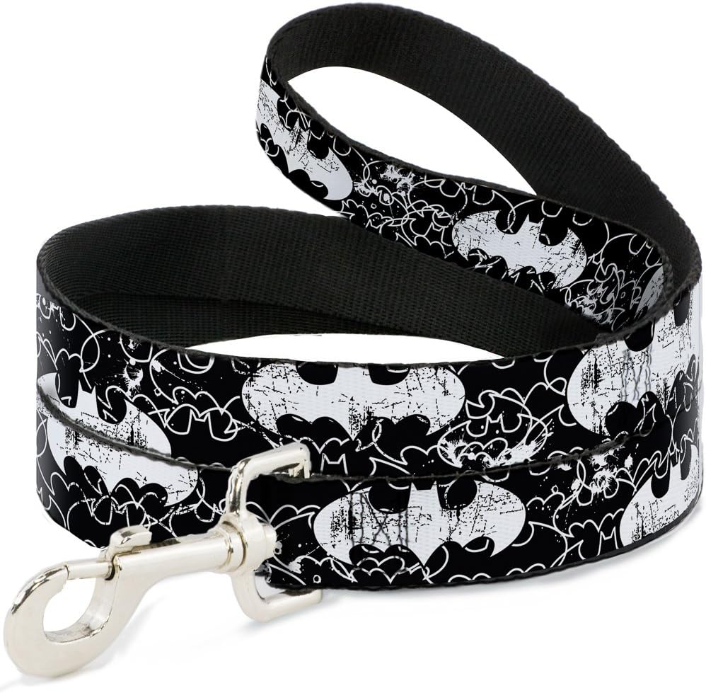 Dog Leash Batman Outlines Black White 6 Feet Long 1.0 Inch Wide