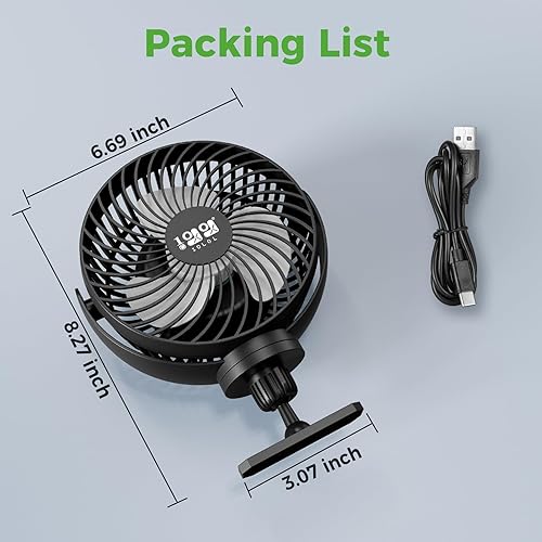 Miniatura 7 de 10L0L Ventilador magnético para carrito de golf recargable con soporte de trípode flexible, ventilador portátil con batería de 10000 mAh, cabezal