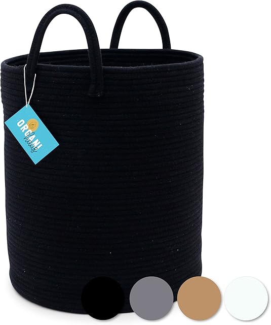 OrganiHaus Black Laundry Basket | Laundy Storage Basket | Woven Basket | Toy Storage Basket | Dirty Clothes Basket | Baby Washing Basket | Blanket Basket | Rope Storage Basket - Wide (38x45cm)