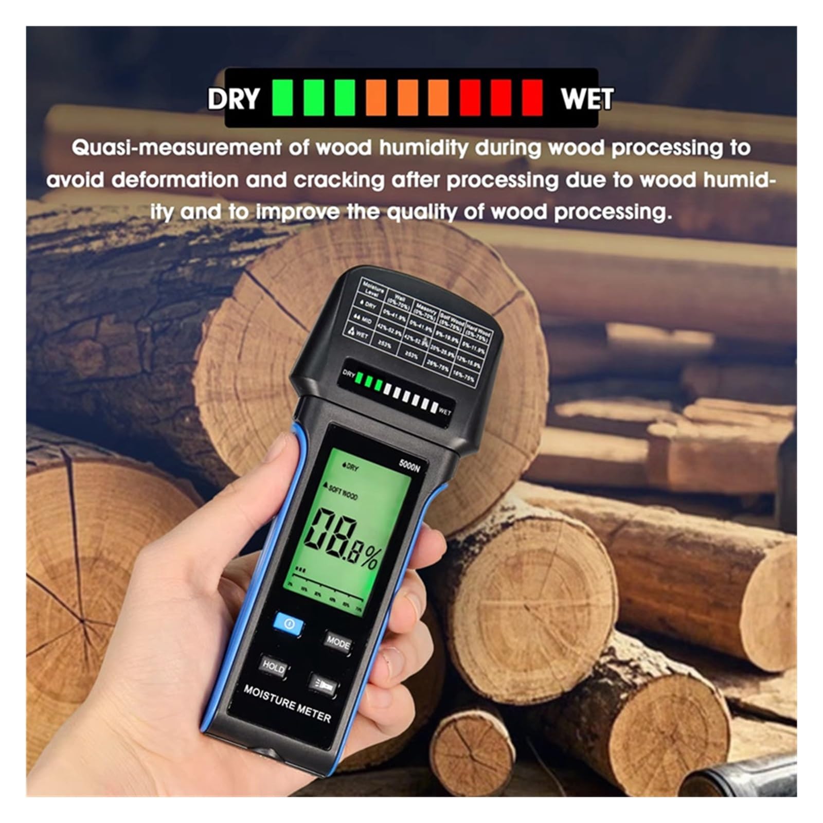 Medidor de humedad pared con alerta automática, recargable, 4 en 1, for madera y paneles yeso, rango medición 5000 N,Pruebas sin daños