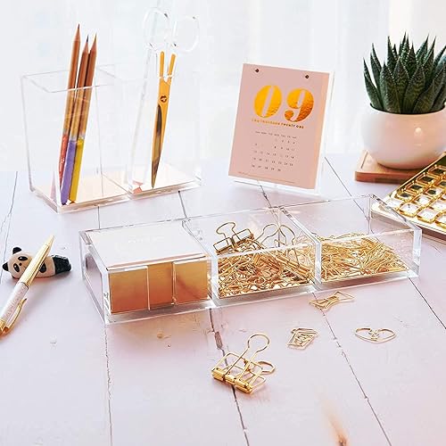 Miniatura 6 de Soporte para notas base acrílica y dorada, soporte de clips de papel para escritorio, bloc de notas en forma de cubo, organizador de escritorio de 3