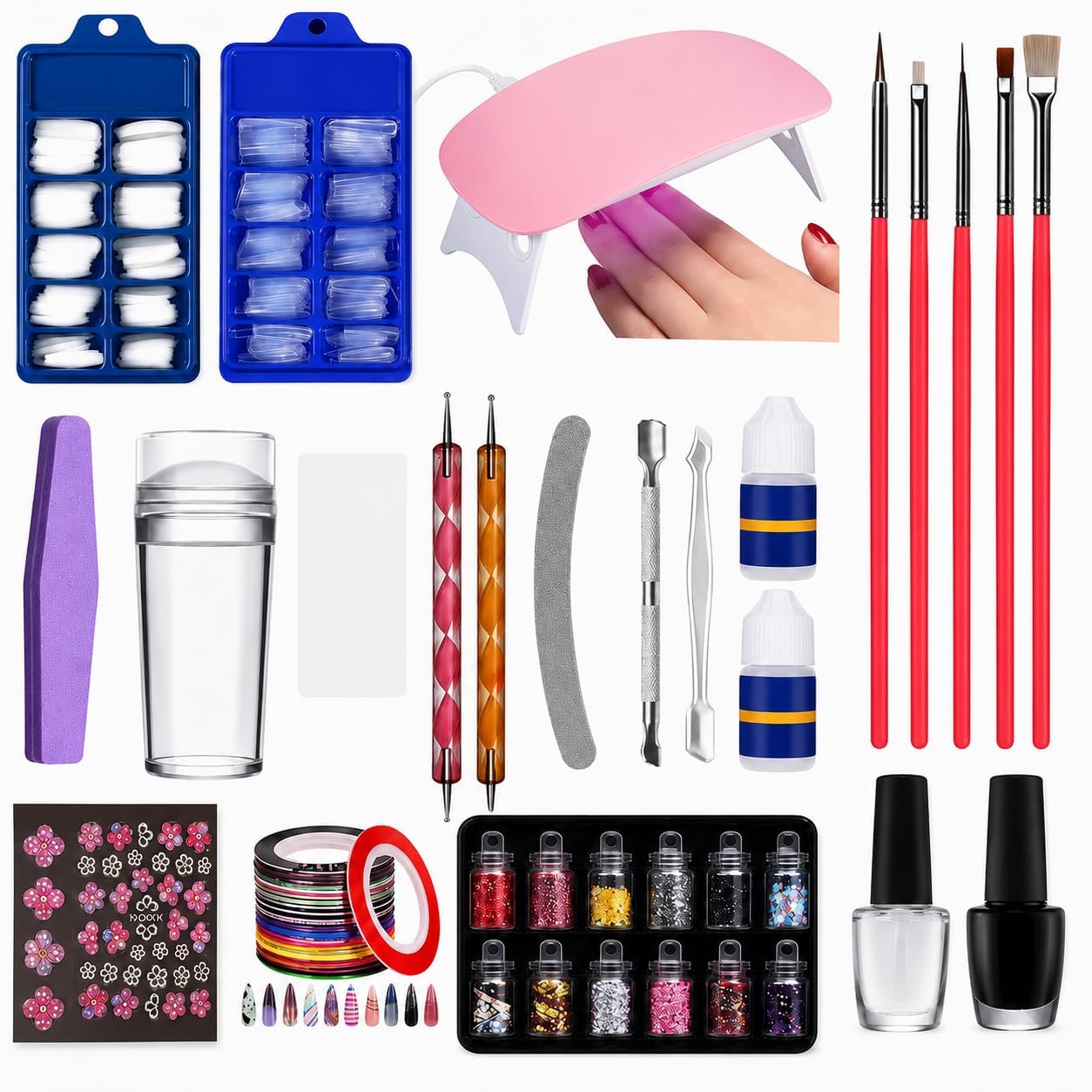 Premium Nail Art Extension Kit with UV LED Lamp, 200 Nail Tips, 12 Glitter Bottles, Nail Glue, Brushes, Stamper & DIY Manicure Tools Set-image-46