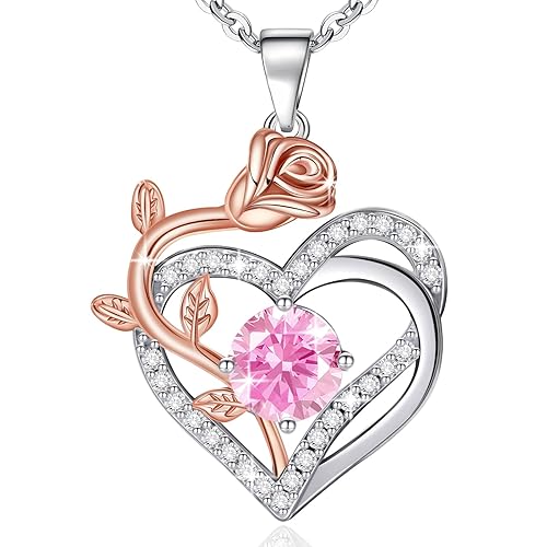 moshen Rose Heart Necklace for Women,925 Sterling Silver Birthstone Pendant,