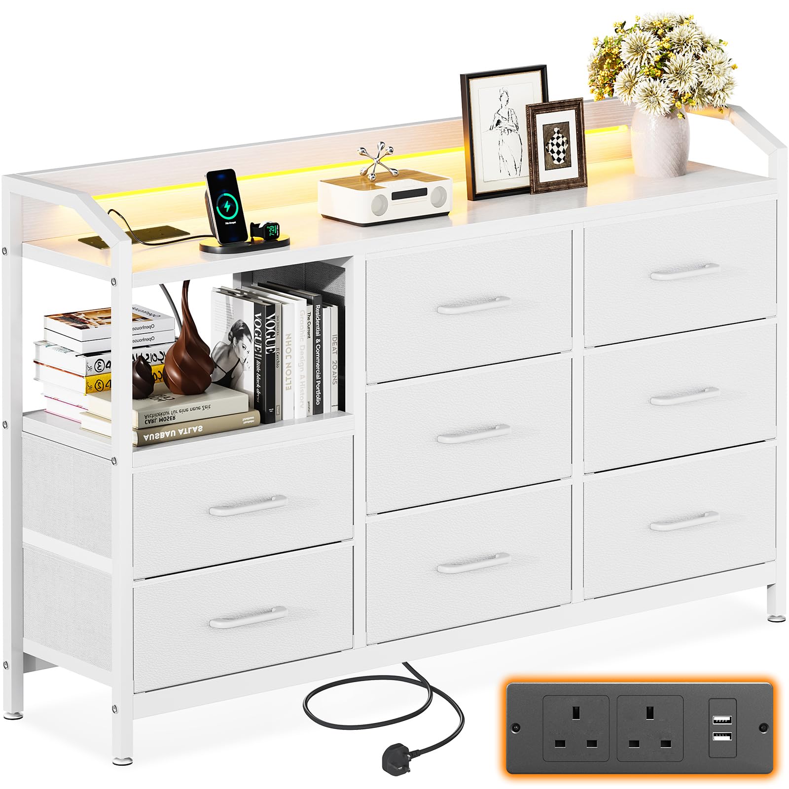ODK Black Chest of Drawers Bedroom, with LED Light trip with 10 Adjustable Colors and 2 USB and 2 AC Outlets, Includes 8 Large Fabric Drawers, Suitable for Bedroom, Living Room, 110 * 30 * 88, White โ image 1