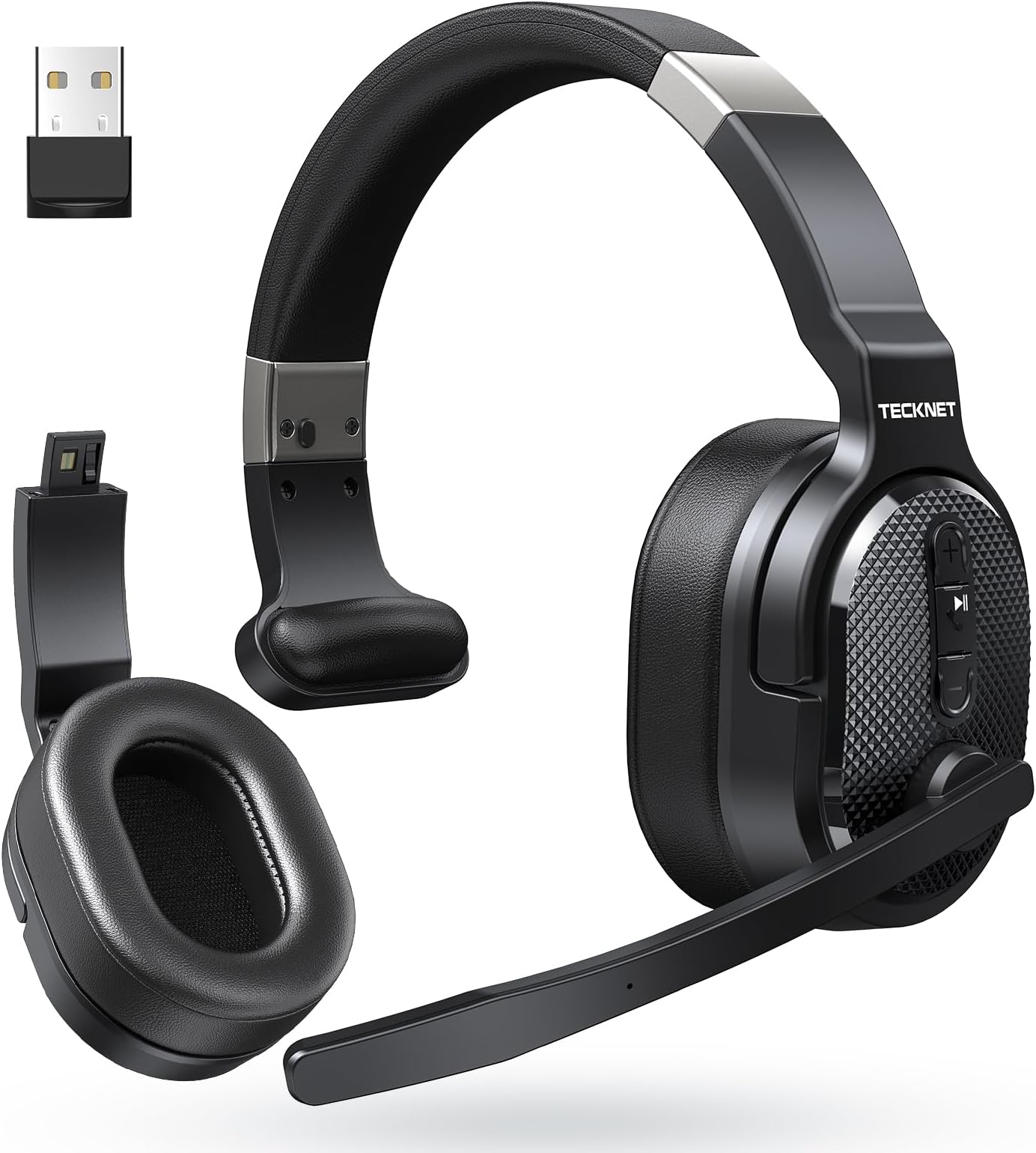 TECKNET Bluetooth Trucker Headset, Single and Dual Ear Wireless Headset with Mic for Work Noise Cancelling, 50Hrs 3 EQ Music Modes Trucker Bluetooth Headphones for PC, Drivers, Office, Call Center