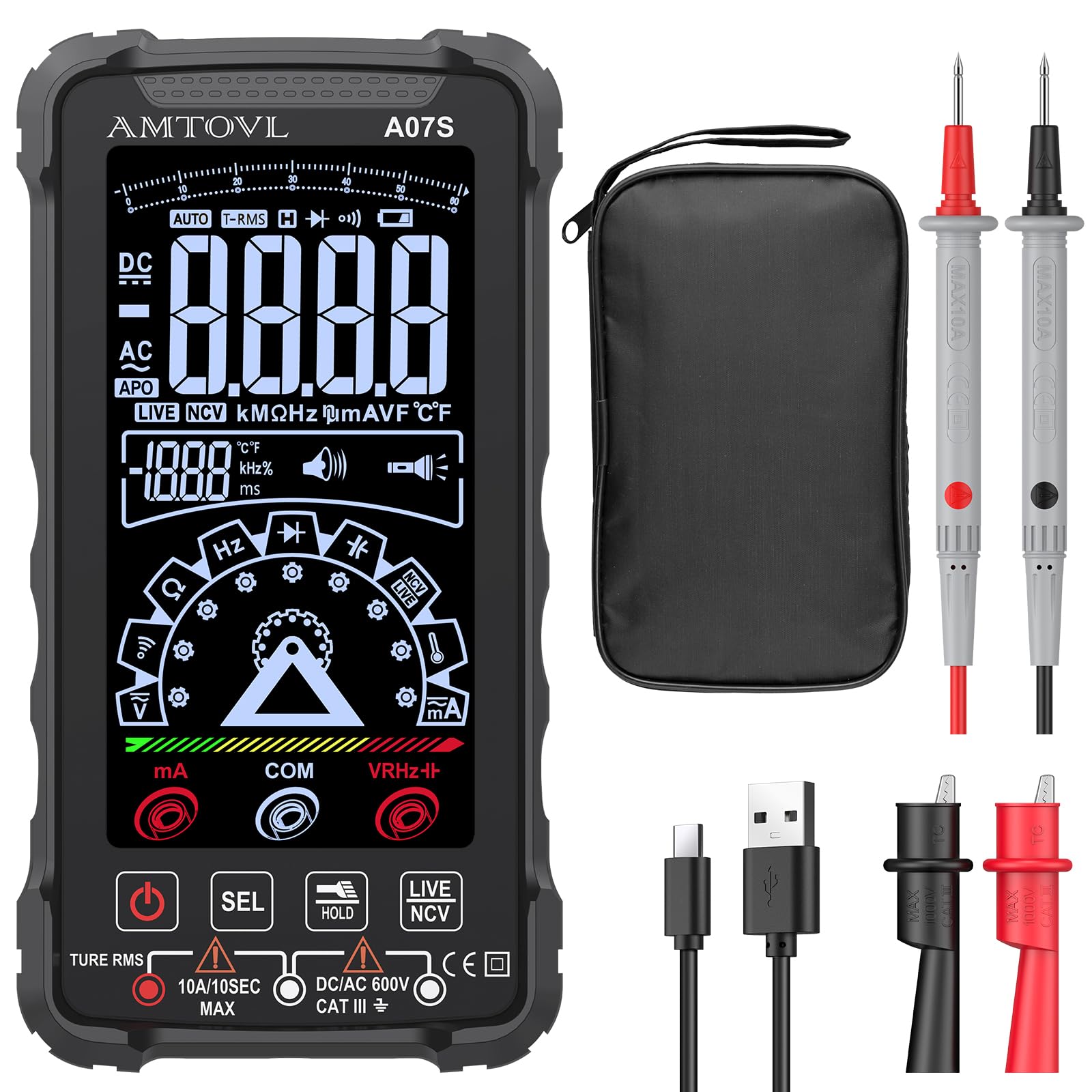 AMTOVL Multimètre Numérique 6000 Comptes Écran Couleur Multimetre Mode Manuel Auto Testeur Electrique Rechargeable TRMS pour Mesurer la Tension Courant Capacité Testeur NCV Température