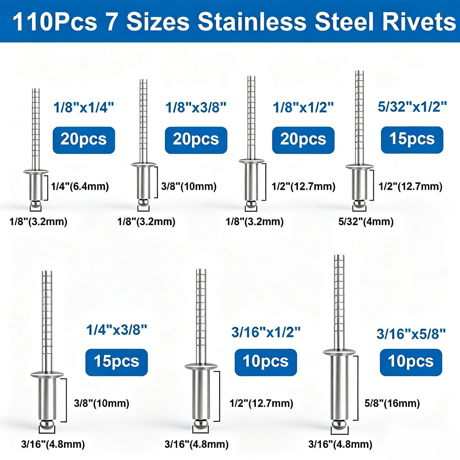 Stainless Steel Rivets Kit - 110pcs Assortment -2