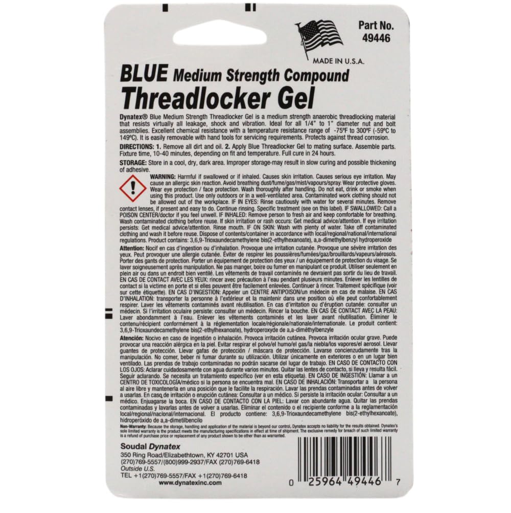 Dynatex 49446 Blue Medium Strength Threadlocker Gel, 35ml Pump Bottle - Ideal for Cup, Core Plugs, Starter/Alternator Mounting, Oil Pan, & Valve Cover Bolts - Superior Thread Lock