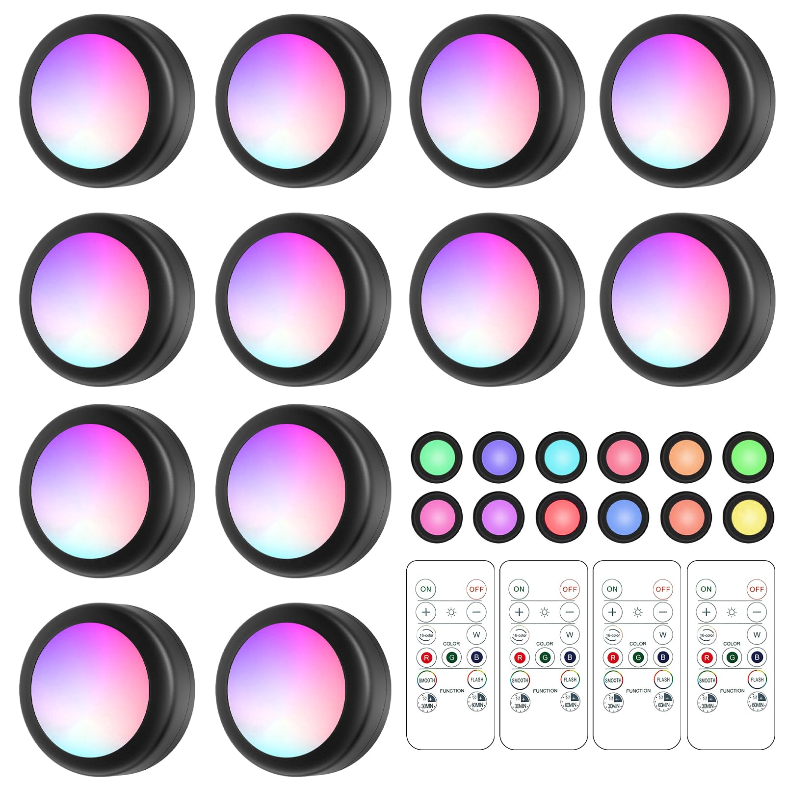 Lilampts LED Puck Lights with Remote Control, 16 Color Changeable Under Cabinet Lights with Control & Timing, Battery Operated Wireless Closet Lights for Closet, Bedroom,Kitchen,12 Pack - Black