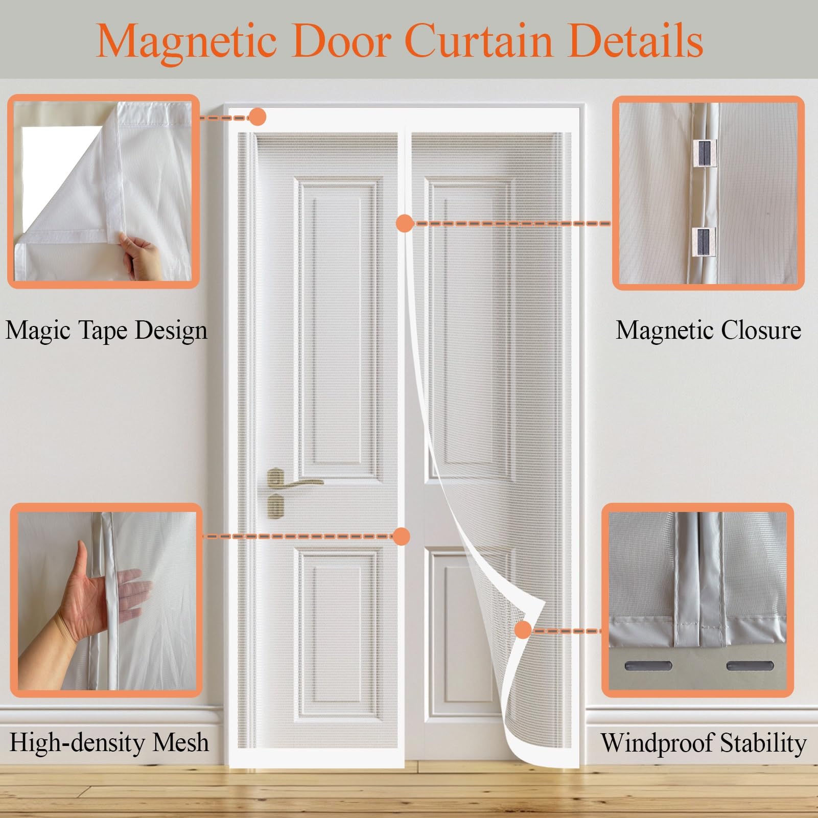 Zanzariera Magnetica 142 x 224 cm Resistente Traspirante Zanzariera Magnetica per Porta Apertura e Chiusura Silenziosa per Cantine, Camere da Letto e Porte Scorrevoli, Bianco
