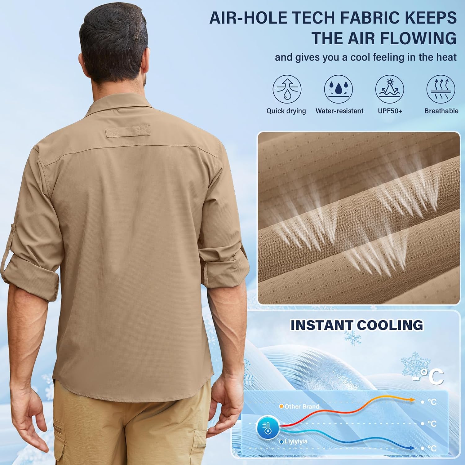 Men's Safari Shirt Long Sleeve UPF 50+ Sun Protection Quick Dry Fishing Hiking Shirt Lightweight Outdoor Travel