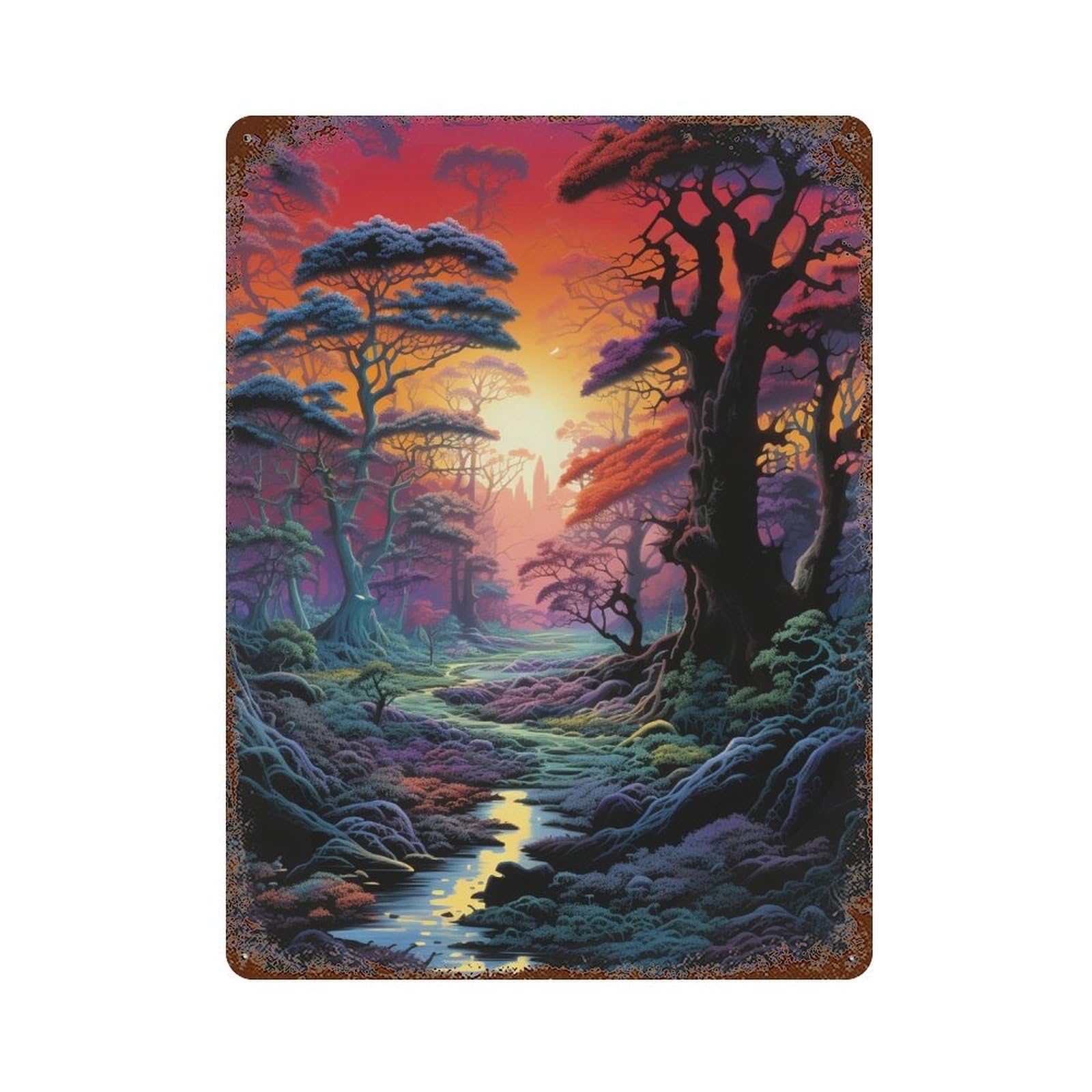 Vintage Metal Tin Sign Enchanted Forest Sunset 15.7"x11.8", Classic Wall Plaque for Farmhouse, Kitchen And Entryway Decor