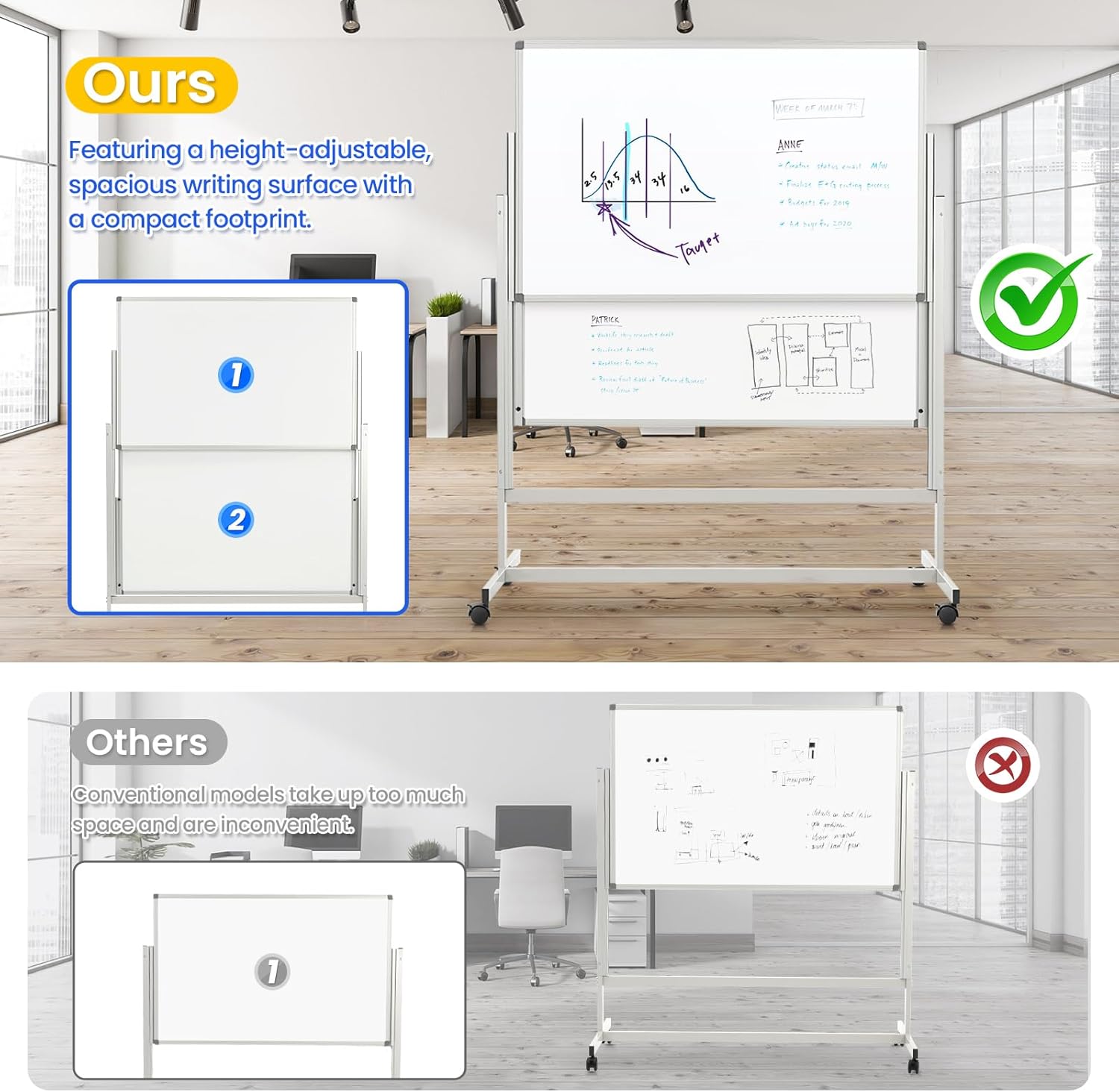 SWANCROWN 60″ x 48″ Rolling Whiteboard Height Adjustable Large White Board on Wheels Magnetic Double Sided Dry Erase Board 5' x 4' Four Writable Sides for Office School Home