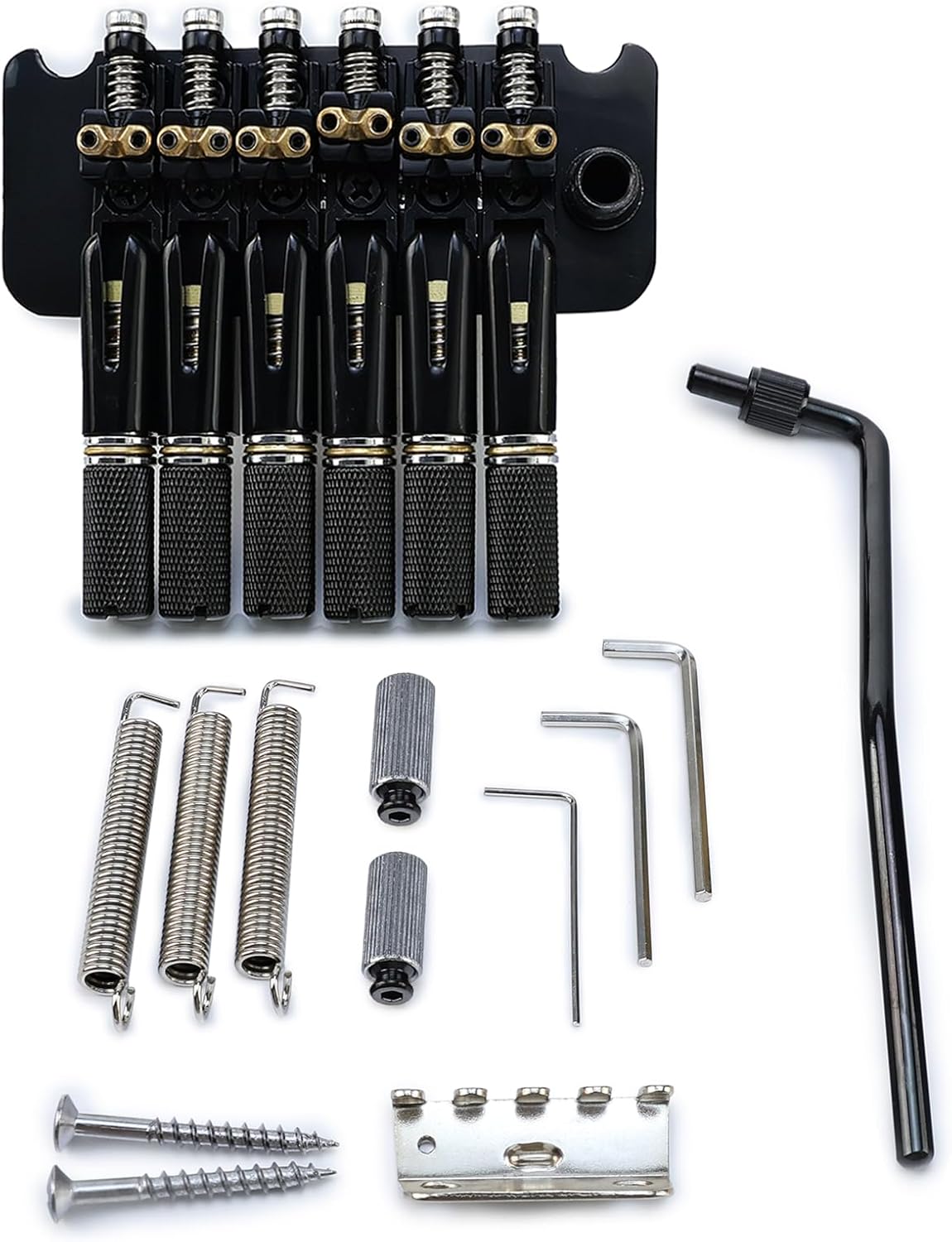 10.5mm Headless Electric Guitar Bridge Brass Block Saddle Hardened Steel Plate 2 point tremolo bridge for 6 String Headless Electric Guitar Replacement parts（Black Tailpiece Nut）