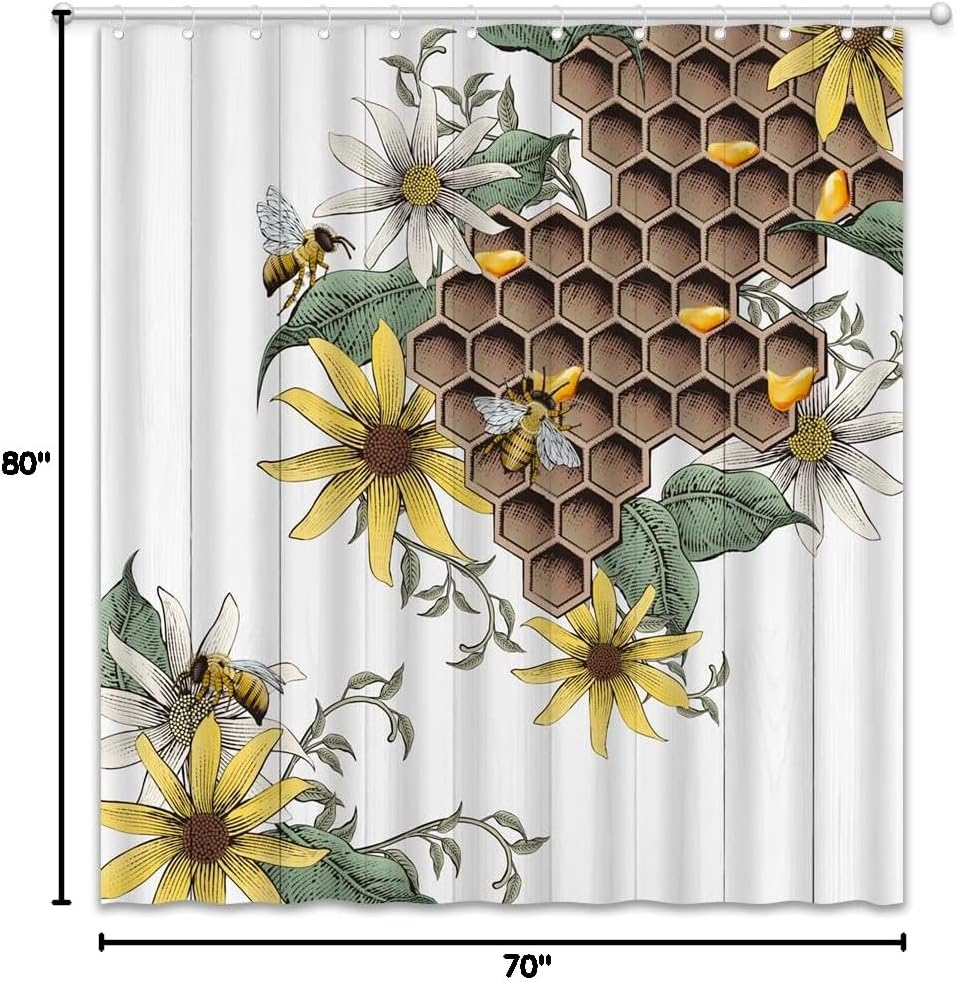 Bee Shower Curtain Vintage Country Animals Honeycomb Honey Daisy Sun Flower Plant Flower Yellow Flower Vintage Old Wooden Planks Wooden Board Bathroom Bathtub Decorative Curtains with Hooks