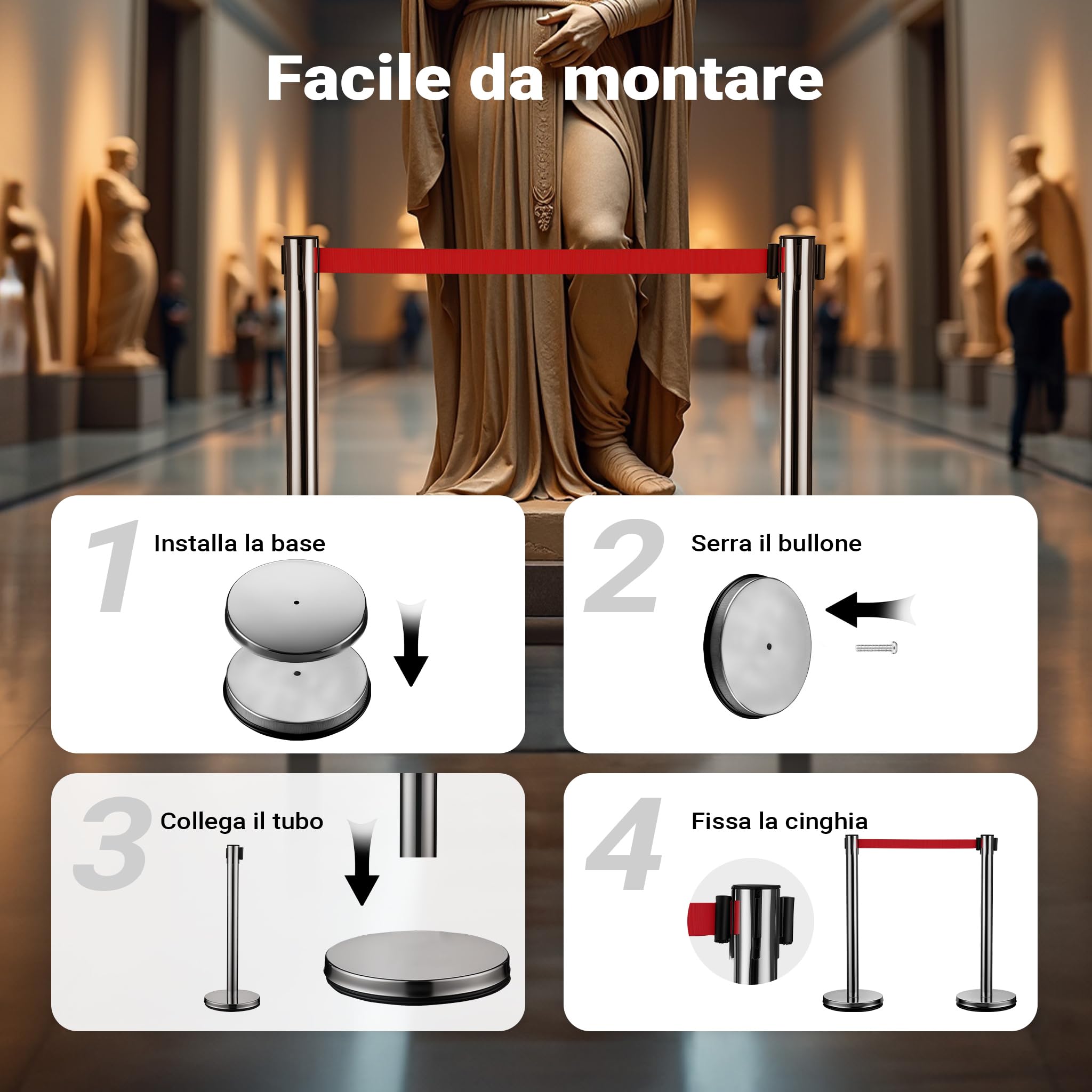 Wiltec Colonnine tendinastro 320 x 70 x 900 mm, Set 2 paletti delimitatori in acciaio inox con nastro rosso