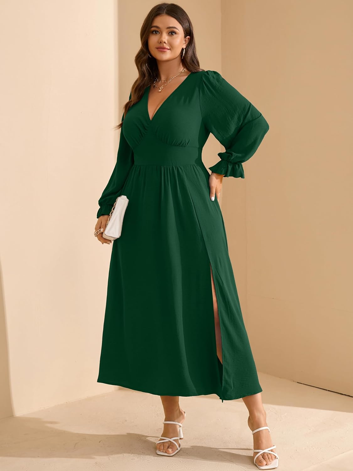 RWJ Plus Size Wedding Guest Dress for Women Deep V Neck Long Sleeve High Waist Slit Formal Cocktail Party Fall Maxi Dresses - Image 4