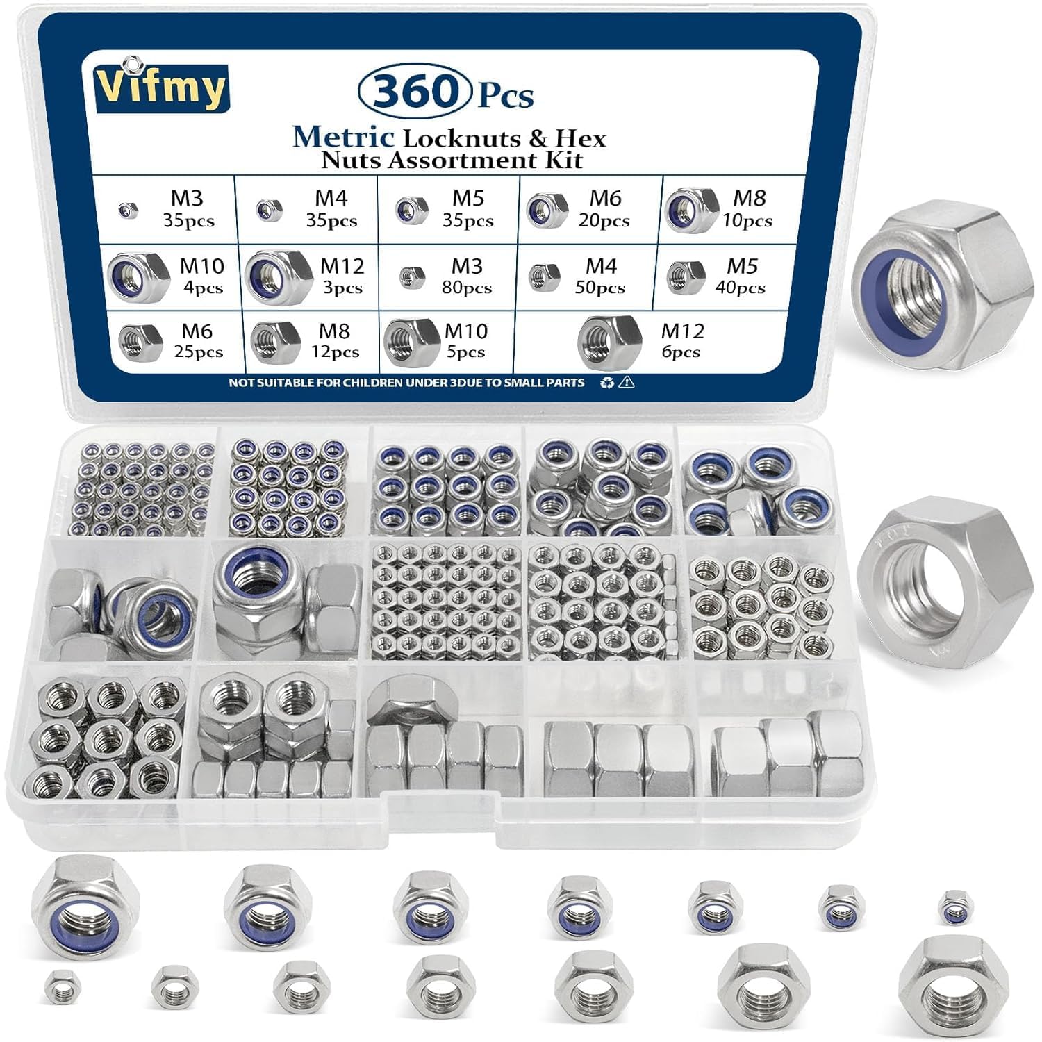 Sortimentssatz für metrische Sechskantmuttern und Kontermuttern (360 Stück), M3, M4, M5, M6, M8, M10, M12, verschiedene Sechskantmuttern-Sets aus Edelstahl, helles Finish