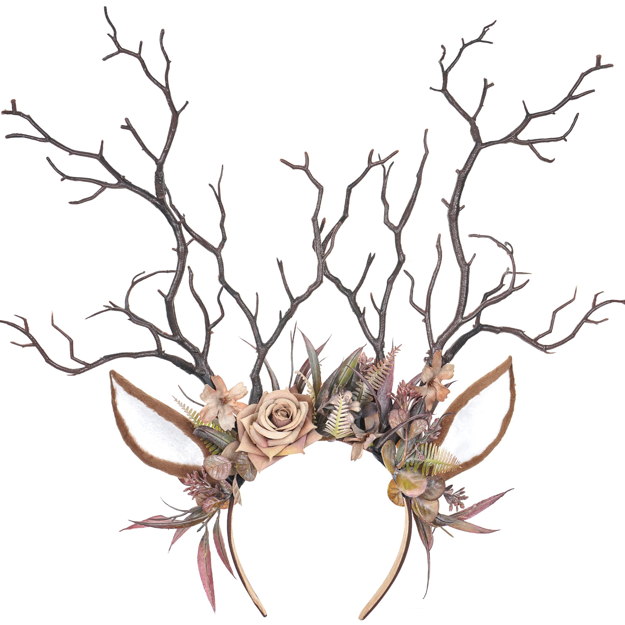 Photo 1 of MOSTORY Flower Reindeer Ear Headband - Brown Branch Antlers Headband for Renaissance Deer Costume Women, Floral Antler Hairband for Renfaire Accessories Cosplay Fantasy Photo Shoot