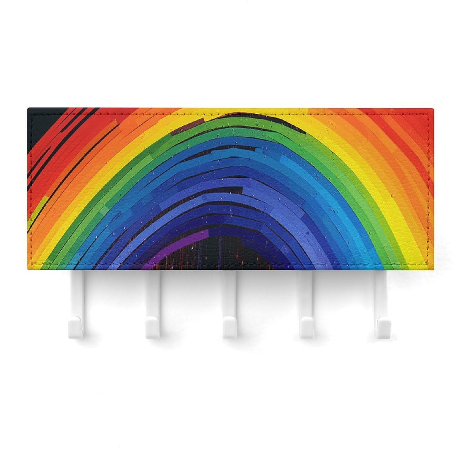 Fekiloot White Rainbow Key Holder For Wall Adhesive, No Drilling, Key Hooks With 5 Hooks Wall Mounted, Self Adhesive Keys Rack For Entryway, Hallway, Living Room, Kitchen, Office