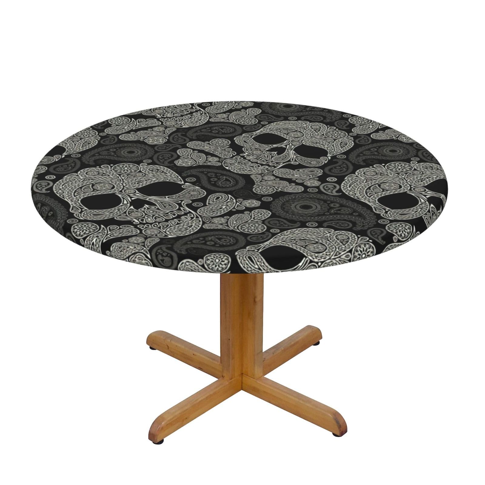 DUWAA Skull Print Oxford Fitted Table Cover For Patio Picnic, Waterproof Round Tablecloth For Home And Outdoor
