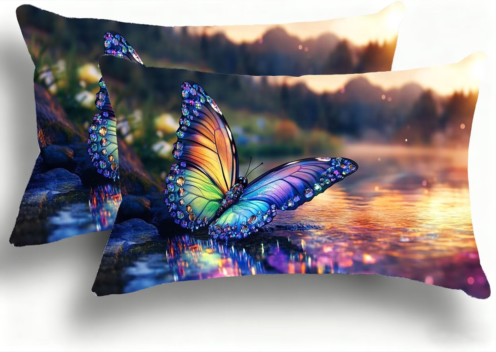 Housse coussin canapé velours papillon luxueux lot de 2 taies décoratives 35x70 cm