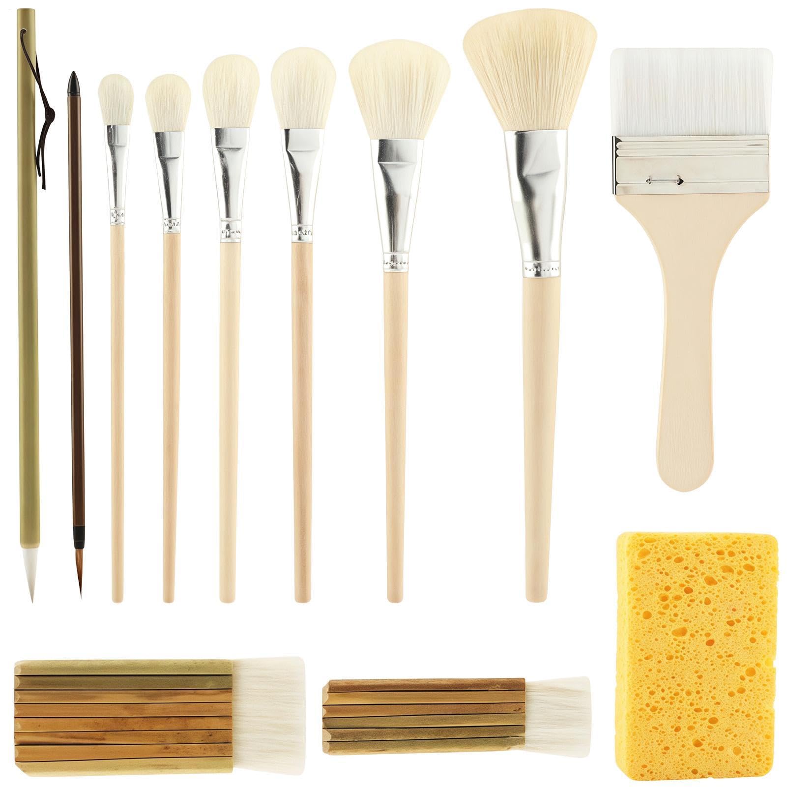 Set di Pennelli 12 Pezzi Manico in Legno | Set di Pennelli per Acrilico per la Casa, lo Studio, Scuola, Laboratorio, la Ceramica, l'Argilla, i Principianti, gli