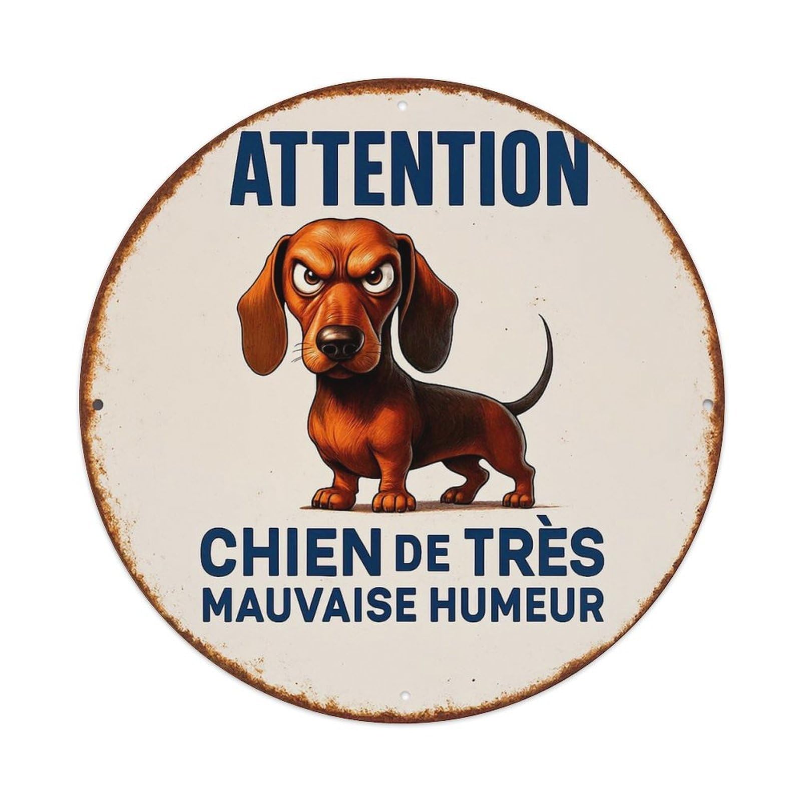 Attention Chien De Tres Mauvaise Humeur Round Metal Tin Sign Vintage Wall Decor, Bar Garage Cafe Kitchen Home Wall Art Poster 8x8inches
