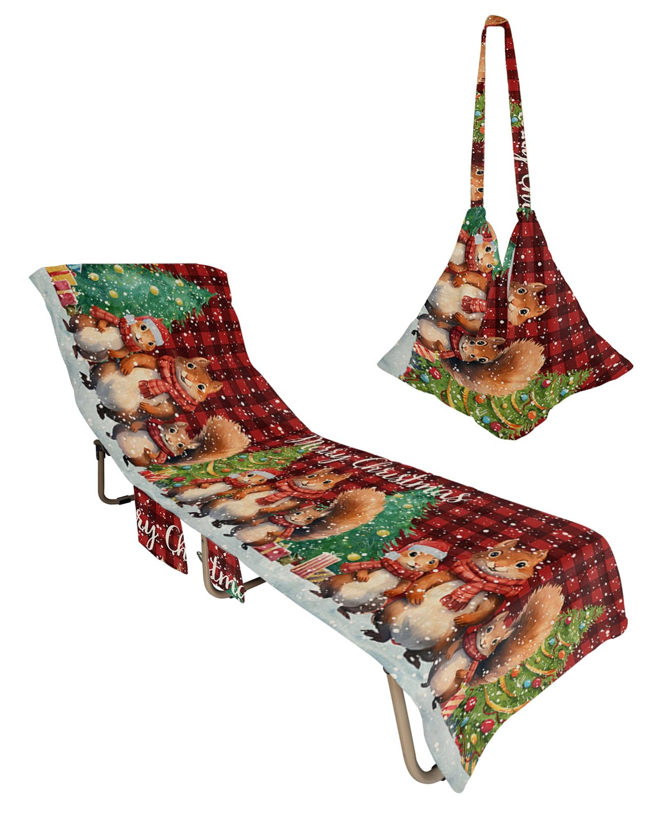 Red Plaid Squirrels Christmas Beach Lounge Chair Towel Cover, Soft Chaise Lounge Towel with Side Pockets Patio Pool Chairs Cover for Beach/Pool Sunbathing 29x85 Xmas Tree Winter Snowflake