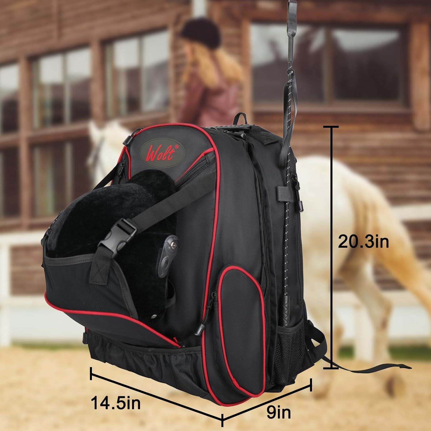 WOLT Professional Equestrian Backpack for Horse Riding, Equipment Pack Bag with Helmet Holder and Multiple Compartments