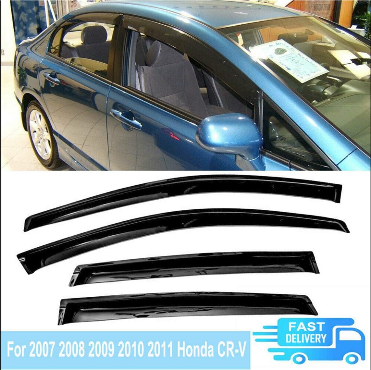 4pcs Smoke Tinted Style Window Visors Compatible with 2007-2011 Honda CR-V Outside Mount Tape On/Clip On Style Acrylic Sun/Rain Guard Vent